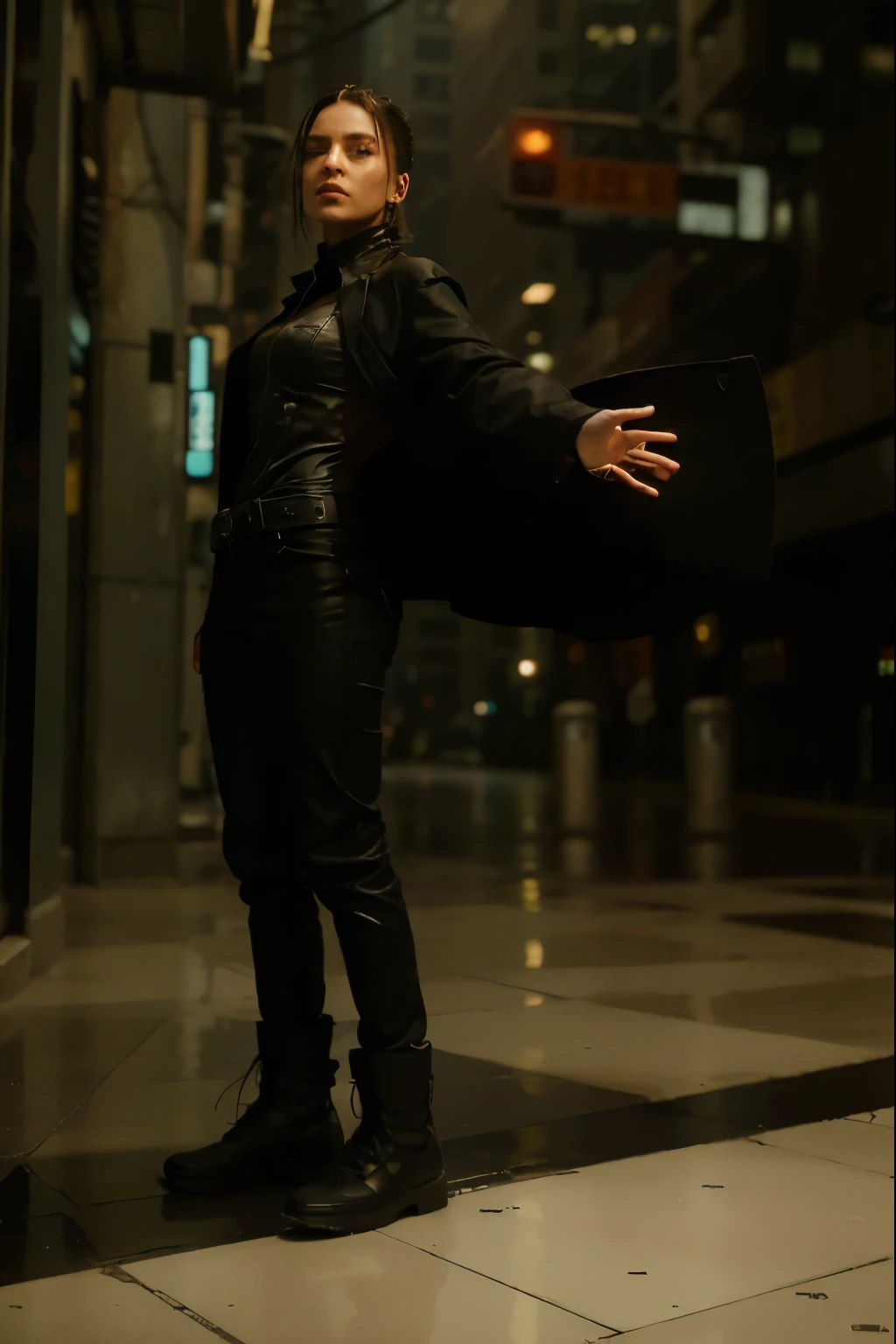 (Best quality, 8k, 32k, Masterpiece, UHD:1.2), "Transform the scene into the iconic Mega City from The Matrix movies. Imagine a sprawling, dystopian urban landscape characterized by its dark, rain-soaked streets and towering skyscrapers. The city is a blend of modern and grimy, with towering buildings clad in reflective glass and steel, interspersed with older, rundown structures.
The streets are eerily quiet, illuminated by the cold, artificial glow of neon signs and streetlights. Rain pours down relentlessly, creating puddles that reflect the myriad lights of the city. The air is thick with an atmosphere of tension and surveillance, suggesting an omnipresent, unseen authority.
Capture the sense of a digital facade overlaying reality, with subtle glitches or anomalies in the environment that hint at the underlying Matrix code. Shadows move unnaturally, and occasional flickers in the lights add to the surreal, almost otherworldly feel of the city.
Highlight the contrast between the sleek, high-tech elements and the grungy, decayed aspects of the urban environment. The scene should evoke a sense of dystopian realism, underscored by the feeling of being trapped within a meticulously controlled, artificial reality.
The overall mood should be dark, foreboding, and filled with the tension of a world where things are not quite what they seem, capturing the essence of Mega City from The Matrix."