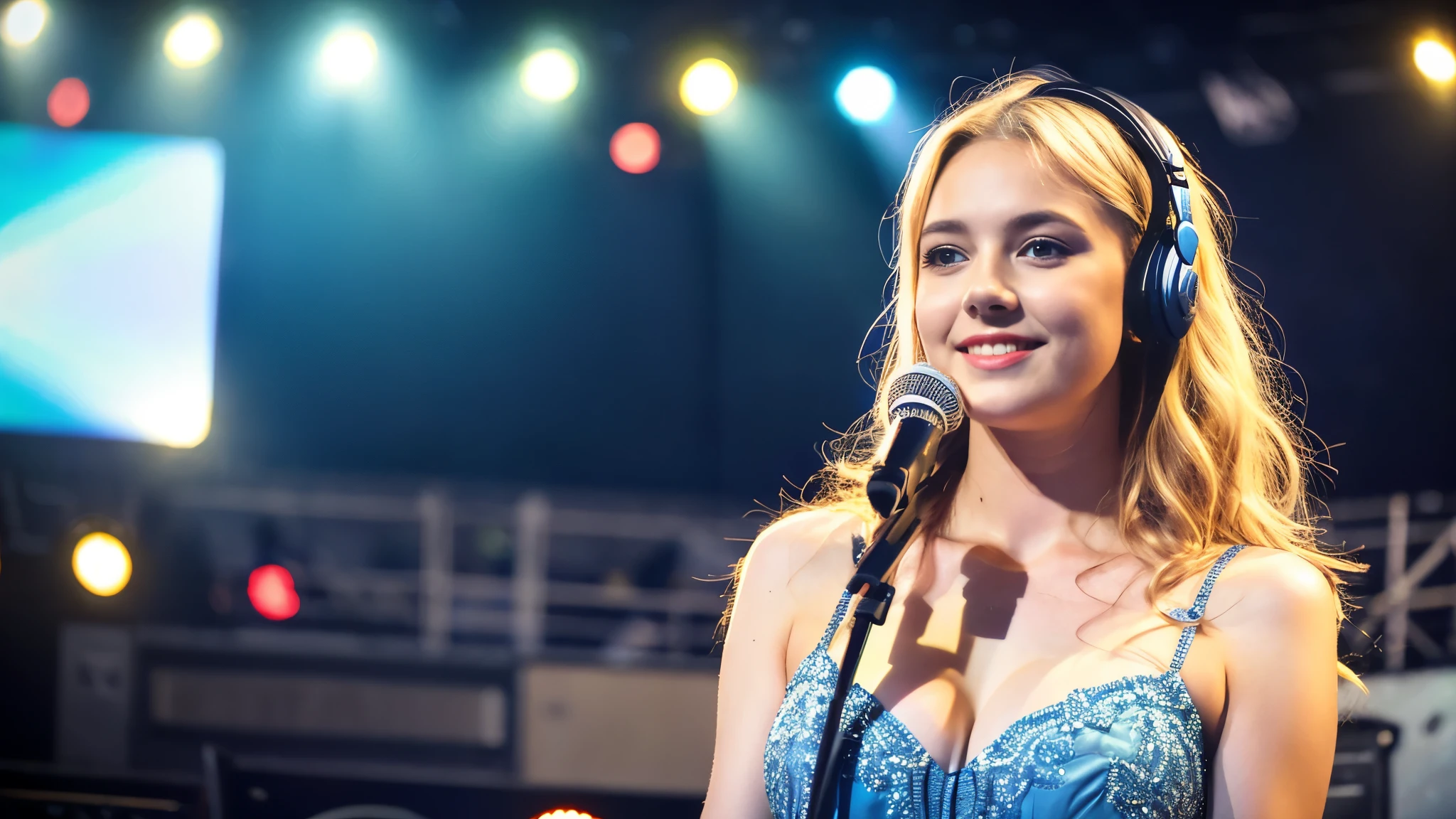 Beautiful blonde with big breasts in a dress (1Singing under the spotlight on stage at a live venue with tens of thousands of people watching),Wearing headphones,Very detailed, 21 years old, Innocent face, Naturally Wavy Hair, blue eyes, High resolution, masterpiece, Highest quality, Intricate details, Very detailed, Clear focus, Delicate skin, practical skin texture, texture, Delicate eyes, Professional, 4K, Cute Smile, Shot with Canon, 85mm, Shallow and deep, Kodak Vision Color, Exactly, Very detailed, photograph_\(Extremist\), photographpractical, practical, Post-processing, Maximum details, Roughness, Real Life, Extremist practical, Photorealism, photographgraphy, 8K Ultra HD, photographgraphy