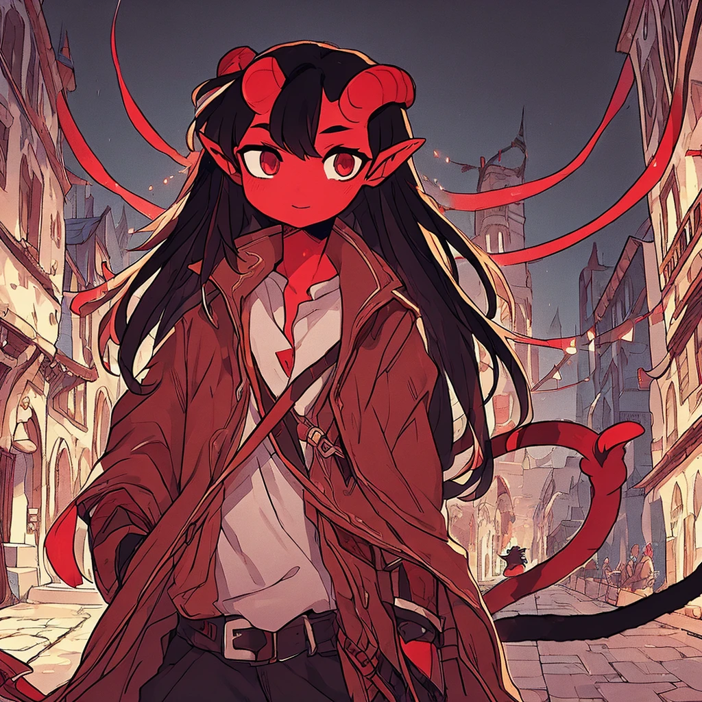 One young 14 year old tiefling boy, small horns, long black hair, red skin, cat-like eyes, pointed tail, pointed ears, detailed face, detailed clothing, fantasy, digital art, cinematic lighting, highly detailed, 8k, photorealistic, award winning, intricate, masterpiece