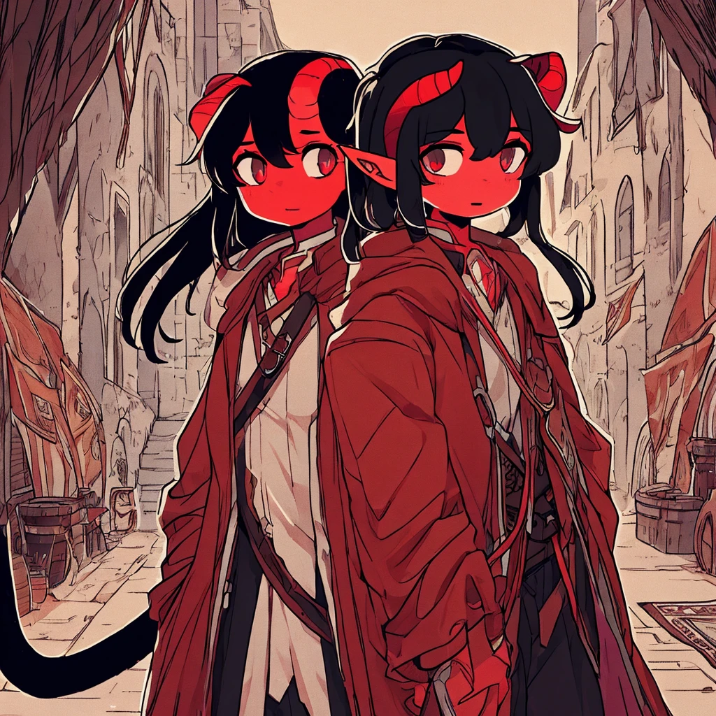 One young 14 year old tiefling boy, small horns, long black hair, red skin, cat-like eyes, pointed tail, pointed ears, detailed face, detailed clothing, fantasy, digital art, cinematic lighting, highly detailed, 8k, photorealistic, award winning, intricate, masterpiece