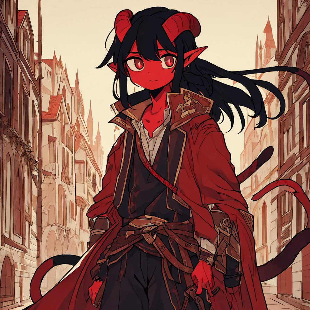 One  tiefling boy, small horns, long black hair, red skin, cat-like eyes, pointed tail, pointed ears, detailed face, detailed clothing, fantasy, digital art, cinematic lighting, highly detailed, 8k, photorealistic, award winning, intricate, masterpiece