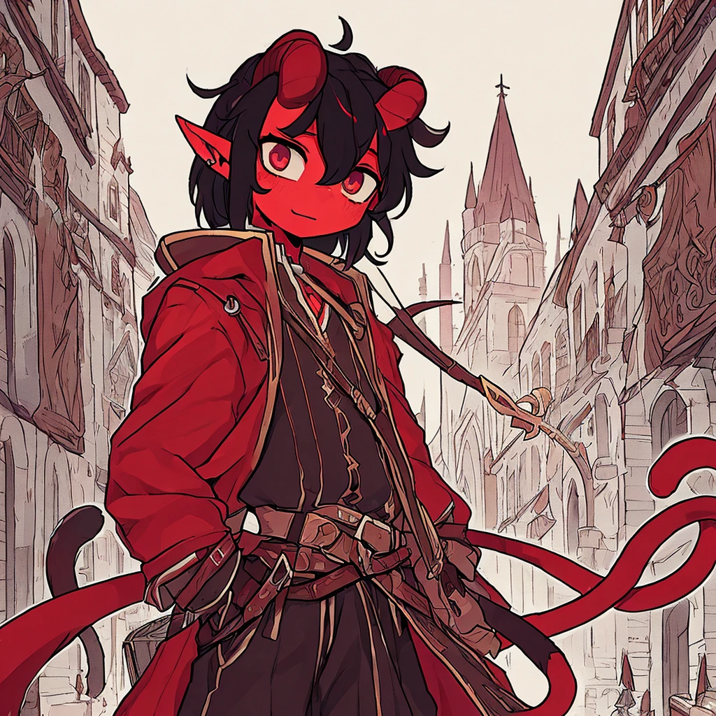 One young 14 year old tiefling boy, small horns, long black hair, red skin, cat-like eyes, pointed tail, pointed ears, detailed face, detailed clothing, fantasy, digital art, cinematic lighting, highly detailed, 8k, photorealistic, award winning, intricate, masterpiece