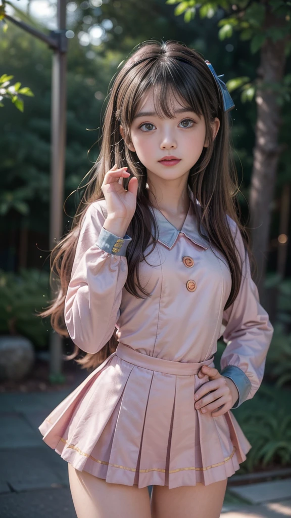 ((Beautiful Face, まどか☆マギカ, magical girl uniform)), Slender, (Small breasts), Beautiful thighs, ((Detailed eyes and face, Professional photography techniques)), Healthy Skin, Ultra-detailed, Cinema Lighting, Highest quality, masterpiece, 8K, RAW Photos, Short Hair, (((Cute pose while staring at the viewer, blush)))