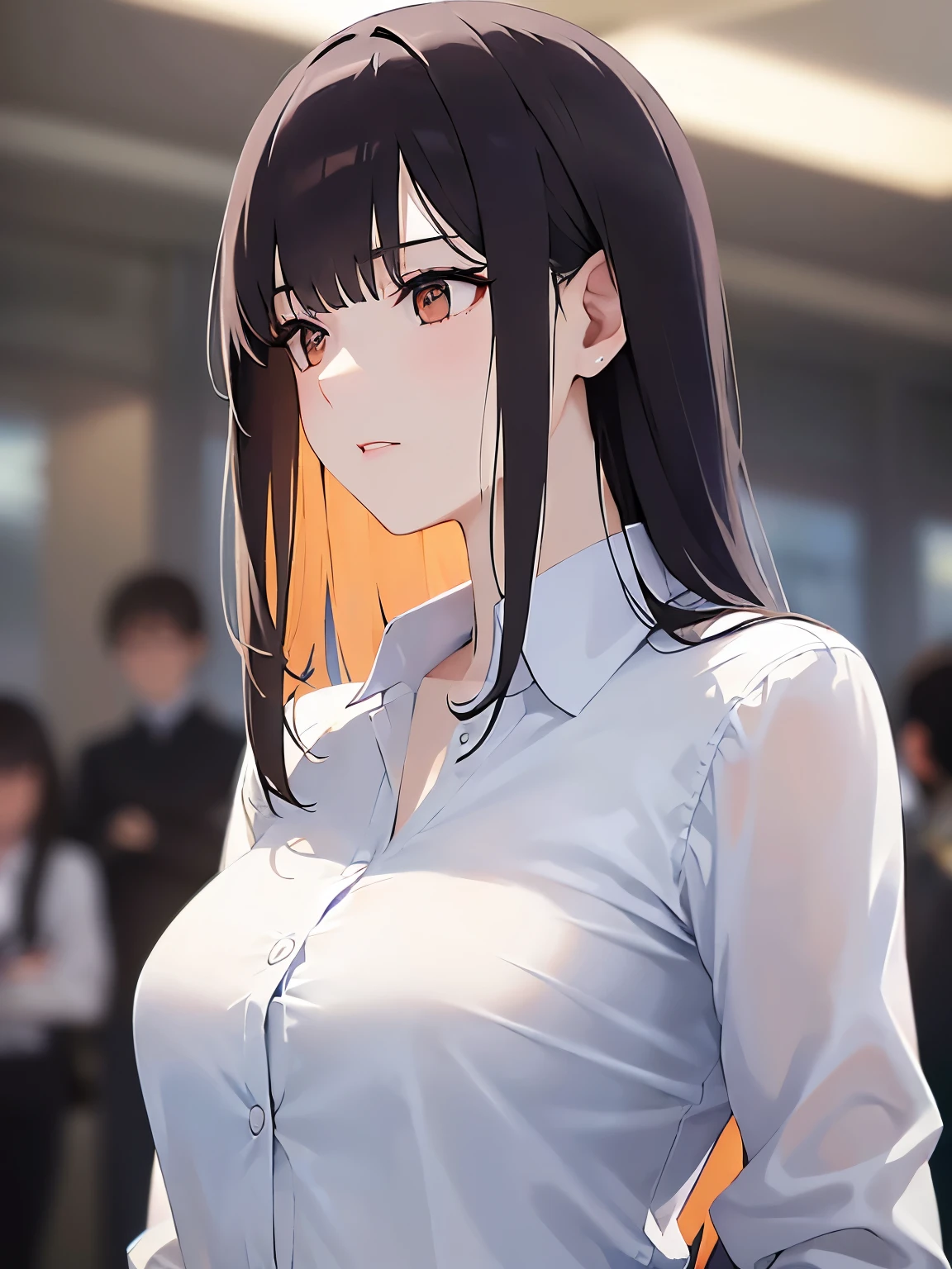 (looking away:1.5), side angle,Realistic, real person, (pale skin: 1.2), RAW photo, photorealistic, portrait photography, shiny skin, shiny hair、 (A 25-year-old woman with bangs) and (wavy hair) and (brown hair) and (Orange Eyes) , (business suit:1.5)and (Wearing a white collared shirt)、Serious expression、alone,The background is the office、Are standing