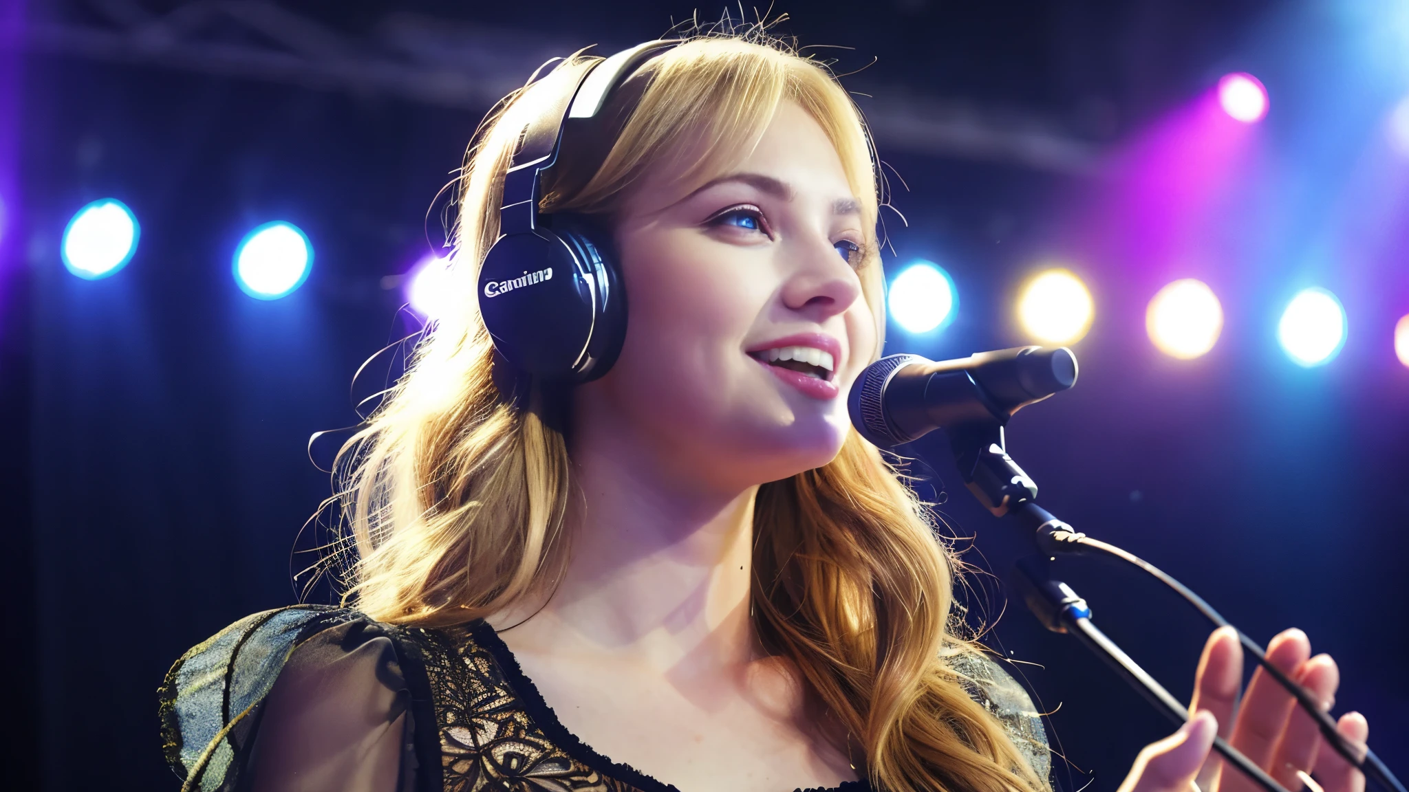Beautiful blonde with big breasts in a dress (1Singing under the spotlight on stage at a live venue with tens of thousands of people watching),Wearing headphones,Very detailed, 21 years old, Innocent face, Naturally Wavy Hair, blue eyes, High resolution, masterpiece, Highest quality, Intricate details, Very detailed, Clear focus, Delicate skin, practical skin texture, texture, Delicate eyes, Professional, 4K, Cute Smile, Shot with Canon, 85mm, Shallow and deep, Kodak Vision Color, Exactly, Very detailed, photograph_\(Extremist\), photographpractical, practical, Post-processing, Maximum details, Roughness, Real Life, Extremist practical, Photorealism, photographgraphy, 8K Ultra HD, photographgraphy