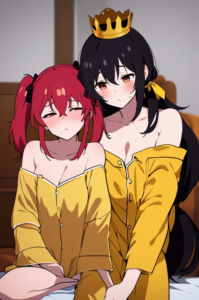 (masterpiece, Highest quality), One girl,    Yunyun,Long Hair,Braiding,Twin tails,Hair between the eyes,Red hair ribbon,hair ornaments,large round breasts,、Black Hair、Red Eyes、bed、Crown Blade,(Yellow off-the-shoulder pajamas:1.5)、(blush)、Sleeping on one&#39;s side