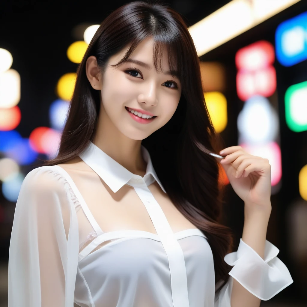 8K, Ultra-high resolution, Highest quality, masterpiece, 三分割法によるphotograph,Surreal, photograph, 1 girl, (16 years old:1.3), pretty girl, Cute face, Beautiful eyes in every detail, 細かくdetailedに,masterpiece,, One Girl:1.2, Japan Female Announcer,whole body,Young Wife, (night, (Neon Signs), (Blurred Background), ((See-through blouse)), (White blouse)), , Very slim, Black Pencil Skirt、Full of cleanliness,A carefree smile,Healing the heart,Semi-long layered hair,Looking at the audience、beauty,Long neck、Laugh a little、Please close your mouth and laugh、(((Ideal body type))),A-cup small breasts :2,、Portraiture:2、Perfect Anatomy、鮮明なdetailed、detailed、Surreal、Light and shadow,Strong light