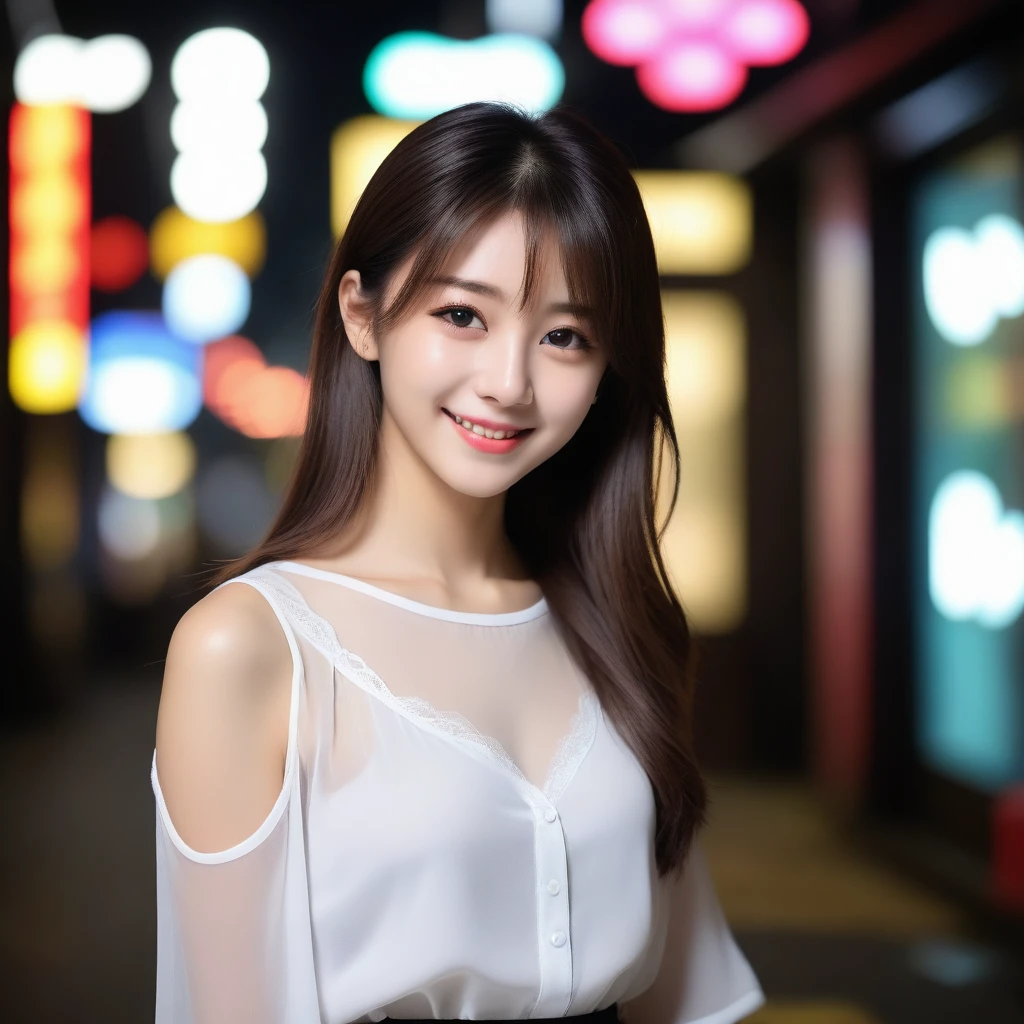 8K, Ultra-high resolution, Highest quality, masterpiece, 三分割法によるphotograph,Surreal, photograph, 1 girl, (16 years old:1.3), pretty girl, Cute face, Beautiful eyes in every detail, 細かくdetailedに,masterpiece,, One Girl:1.2, Japan Female Announcer,whole body,Young Wife, (night, (Neon Signs), (Blurred Background), ((See-through blouse)), (White blouse)), , Very slim, Black Pencil Skirt、Full of cleanliness,A carefree smile,Healing the heart,Semi-long layered hair,Looking at the audience、beauty,Long neck、Laugh a little、Please close your mouth and laugh、(((Ideal body type))),A-cup small breasts :2,、Portraiture:2、Perfect Anatomy、鮮明なdetailed、detailed、Surreal、Light and shadow,Strong light