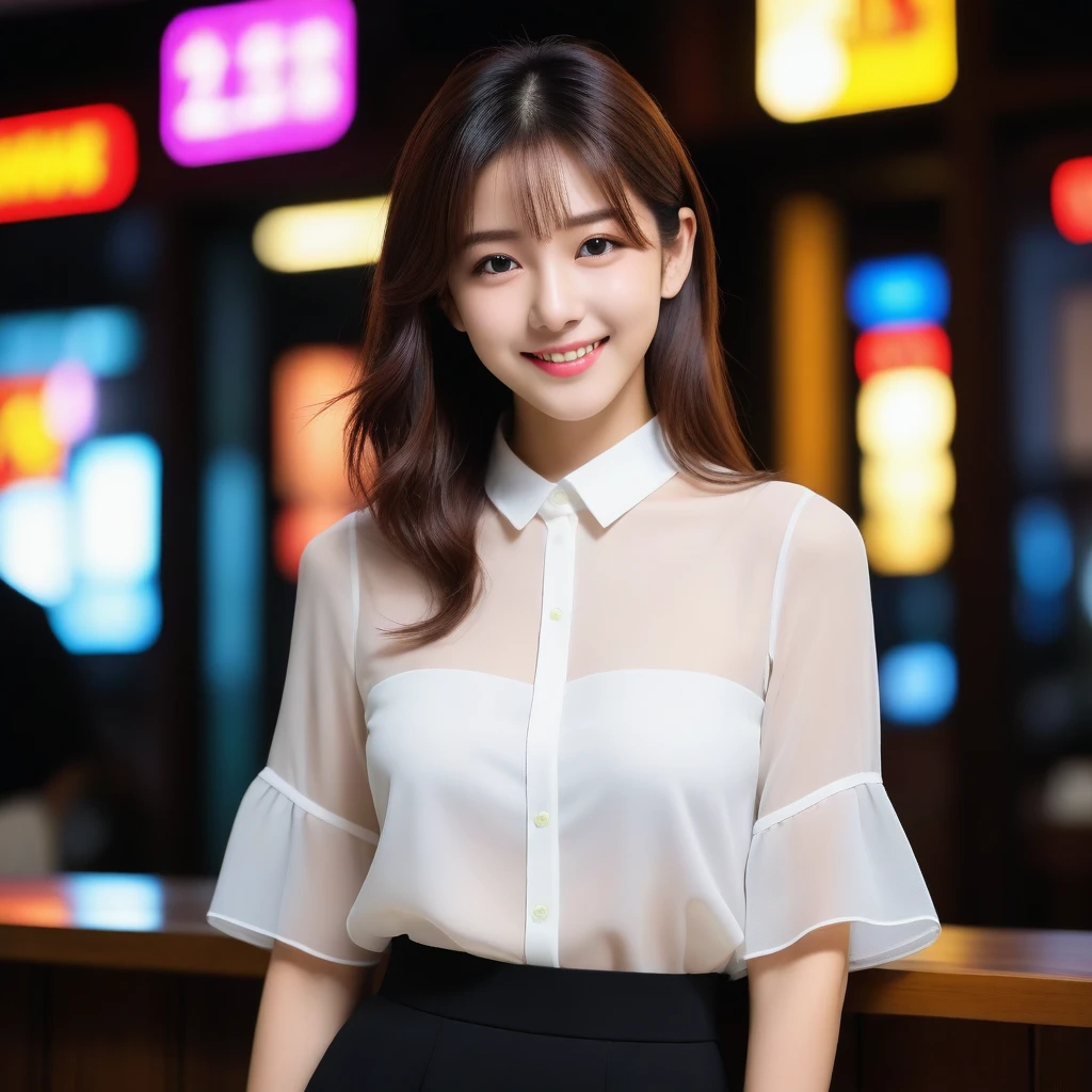 8K, Ultra-high resolution, Highest quality, masterpiece, 三分割法によるphotograph,Surreal, photograph, 1 girl, (16 years old:1.3), pretty girl, Cute face, Beautiful eyes in every detail, 細かくdetailedに,masterpiece,, One Girl:1.2, Japan Female Announcer,whole body,Young Wife, (night, (Neon Signs), (Blurred Background), ((See-through blouse)), (White blouse)), , Very slim, Black Pencil Skirt、Full of cleanliness,A carefree smile,Healing the heart,Semi-long layered hair,Looking at the audience、beauty,Long neck、Laugh a little、Please close your mouth and laugh、(((Ideal body type))),A-cup small breasts :2,、Portraiture:2、Perfect Anatomy、鮮明なdetailed、detailed、Surreal、Light and shadow,Strong light