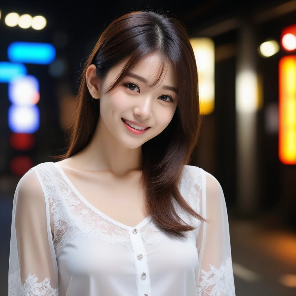 8K, Ultra-high resolution, Highest quality, masterpiece, 三分割法によるphotograph,Surreal, photograph, 1 girl, (16 years old:1.3), pretty girl, Cute face, Beautiful eyes in every detail, 細かくdetailedに,masterpiece,, One Girl:1.2, Japan Female Announcer,whole body,Young Wife, (night, (Neon Signs), (Blurred Background), ((See-through blouse)), (White blouse)), , Very slim, Black Pencil Skirt、Full of cleanliness,A carefree smile,Healing the heart,Semi-long layered hair,Looking at the audience、beauty,Long neck、Laugh a little、Please close your mouth and laugh、(((Ideal body type))),A-cup small breasts :2,、Portraiture:2、Perfect Anatomy、鮮明なdetailed、detailed、Surreal、Light and shadow,Strong light