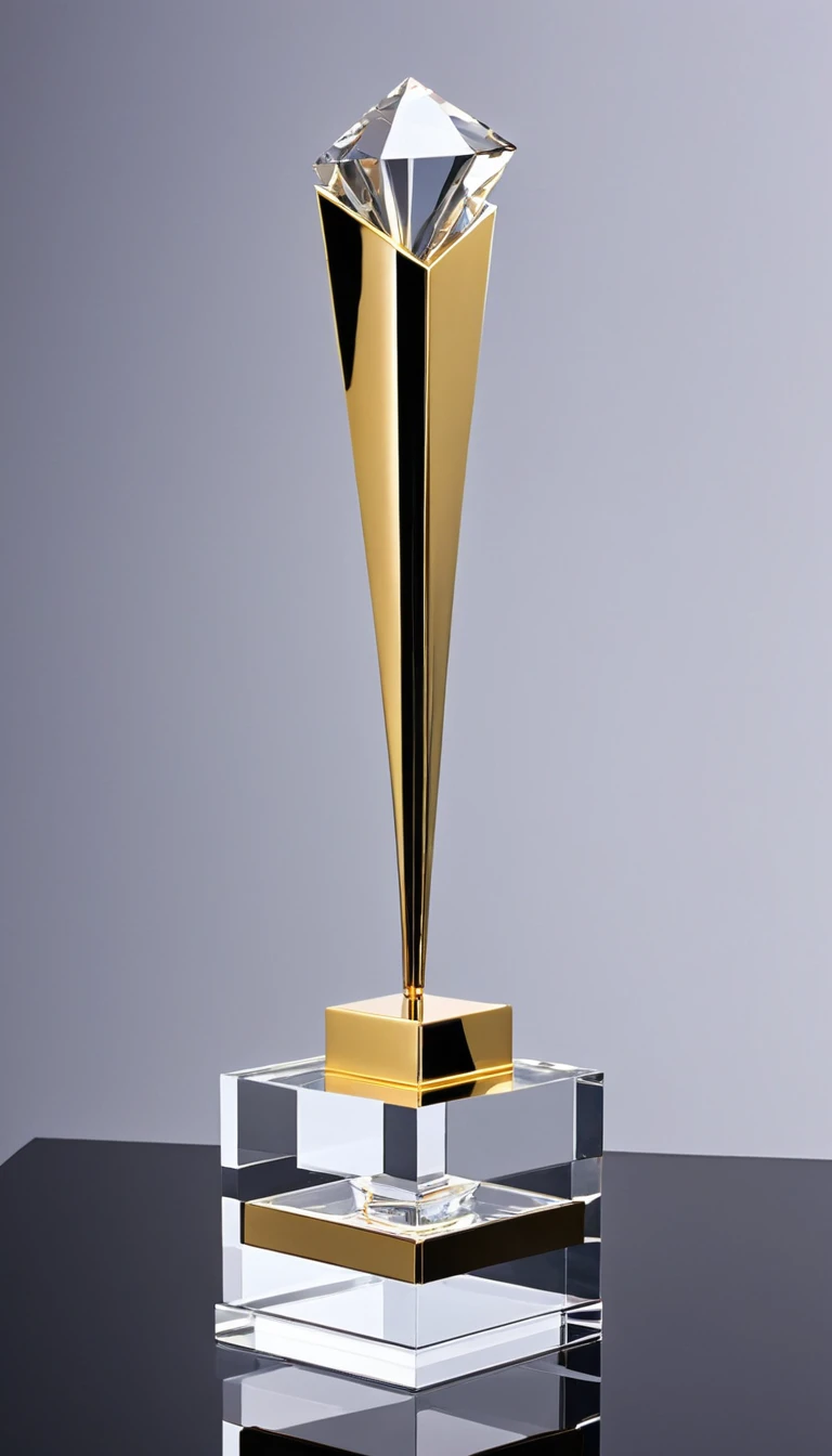 A cool trophy；Golden metal trophy，Crystal acrylic base；Simplicity，Fashion，Feature，Front view。Simplicity，cuboid，Vertical height，Strip。