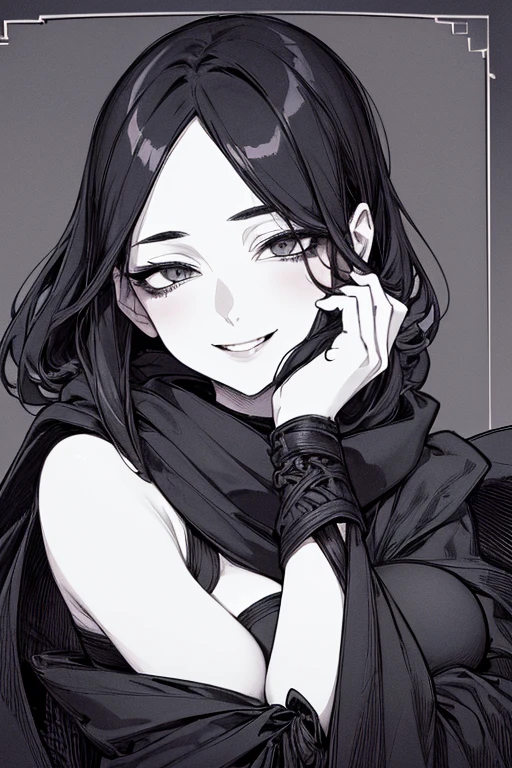 Highest quality, (Background details), High Contrast, One very beautiful woman, Detailed original illustrations、Functional、Delicate face、Ninja、Ninja costume、scarf、mask、Alluring、Villainess、sexy、Real breasts、Crazy Smile, Crazy Eyes, Head close-up, Black Robe, Black background, (Black background: 1.5), Beautiful line drawing、Monochrome