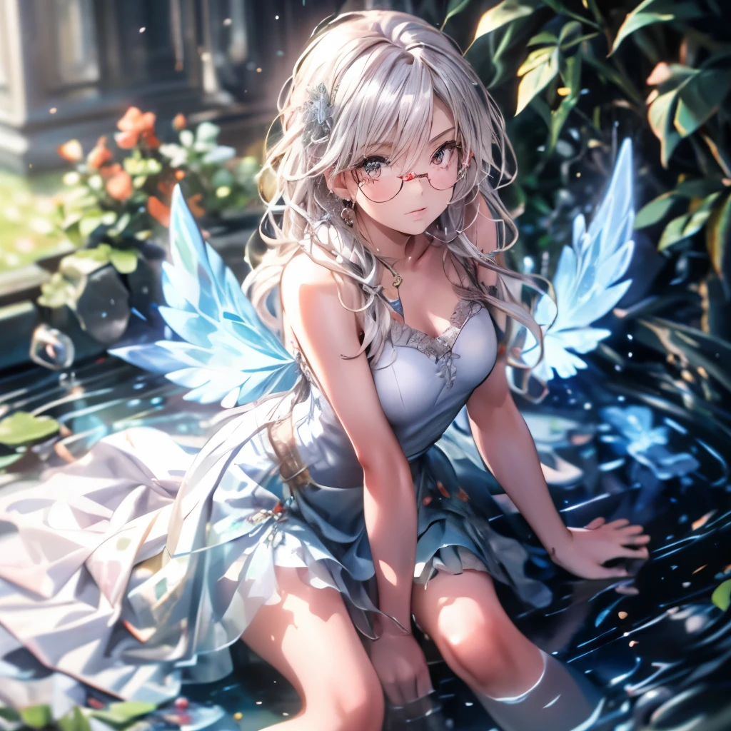 masterpiece: 1.2, High resolution,32k, Realistic: 1.37, Super detailed: 1.2, Flower Fairy, Crimson transparent dress (Flowing), Beautiful delicate(hair,face,eye,lips,thigh,Clothes),Delicate eyes,sparkling eye,brilliant rosy lips,Classical garden, Colorful flowers, Shower of light,Glasses,薄紫のhair