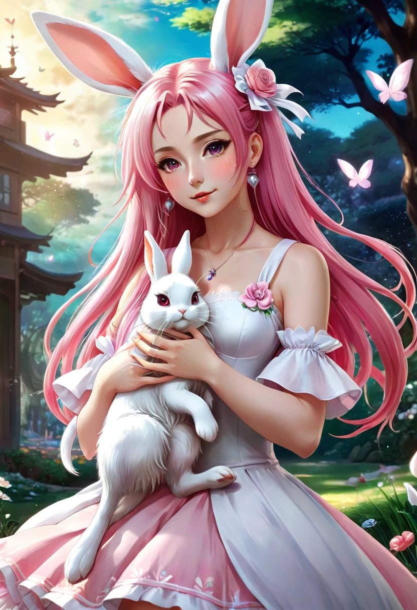 anime girl with long pink hair holding a white rabbit, cute anime waifu in a nice dress, anime art wallpaper 8 k, anime wallaper, anime style 4 k, anime art wallpaper 4 k, anime art wallpaper 4k, beautiful anime style, beautiful anime girl, anime girl with long hair, very beautiful anime cat girl, cute anime girl, anime wallpaper 4k