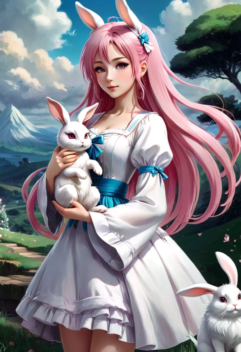 anime girl with long pink hair holding a white rabbit, cute anime waifu in a nice dress, anime art wallpaper 8 k, anime wallaper, anime style 4 k, anime art wallpaper 4 k, anime art wallpaper 4k, beautiful anime style, beautiful anime girl, anime girl with long hair, very beautiful anime cat girl, cute anime girl, anime wallpaper 4k