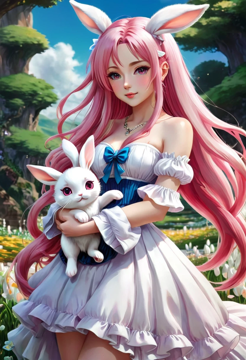 anime girl with long pink hair holding a white rabbit, cute anime waifu in a nice dress, anime art wallpaper 8 k, anime wallaper, anime style 4 k, anime art wallpaper 4 k, anime art wallpaper 4k, beautiful anime style, beautiful anime girl, anime girl with long hair, very beautiful anime cat girl, cute anime girl, anime wallpaper 4k