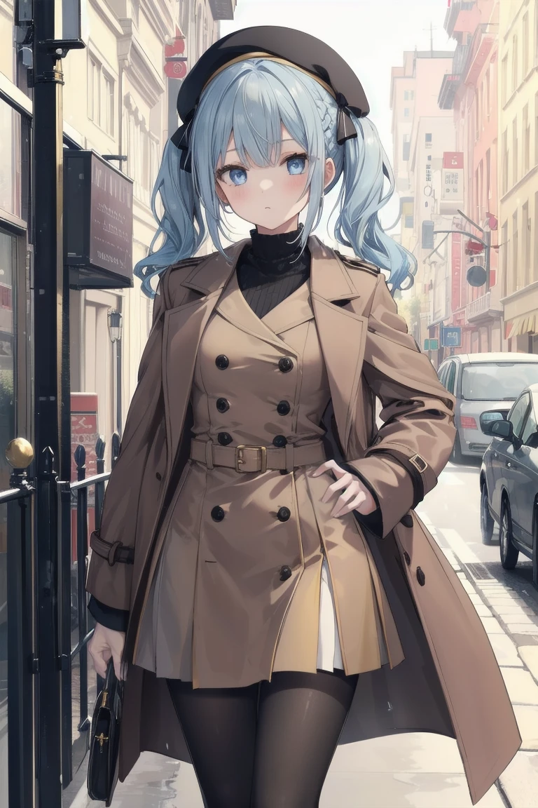 girl, White blouse, mini skirt, Black Pantyhose, Brown overcoat, beret, Are standing, Glamorous clothing, Complex clothing, Light blue hair、Twin tails, A familiar face, Brown and gold tones,