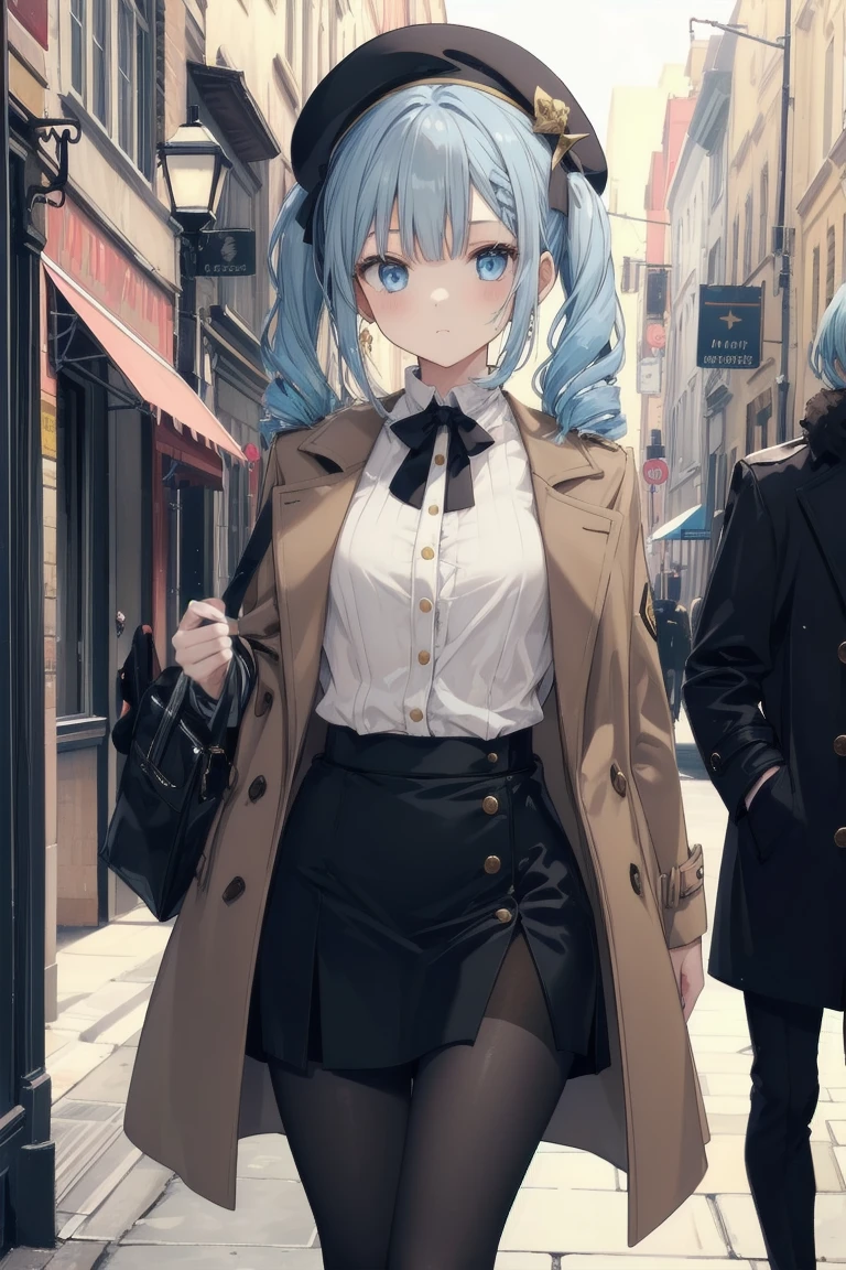 girl, White blouse, mini skirt, Black Pantyhose, Brown overcoat, beret, Are standing, Glamorous clothing, Complex clothing, Light blue hair、Twin tails, A familiar face, Brown and gold tones, 