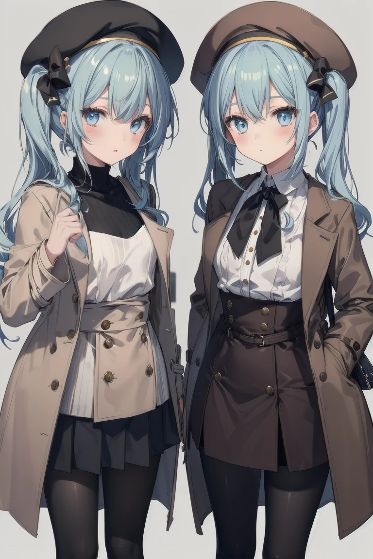girl, White blouse, mini skirt, Black Pantyhose, Brown overcoat, beret, Are standing, Glamorous clothing, Complex clothing, Light blue hair、Twin tails, A familiar face, Brown and gold tones,