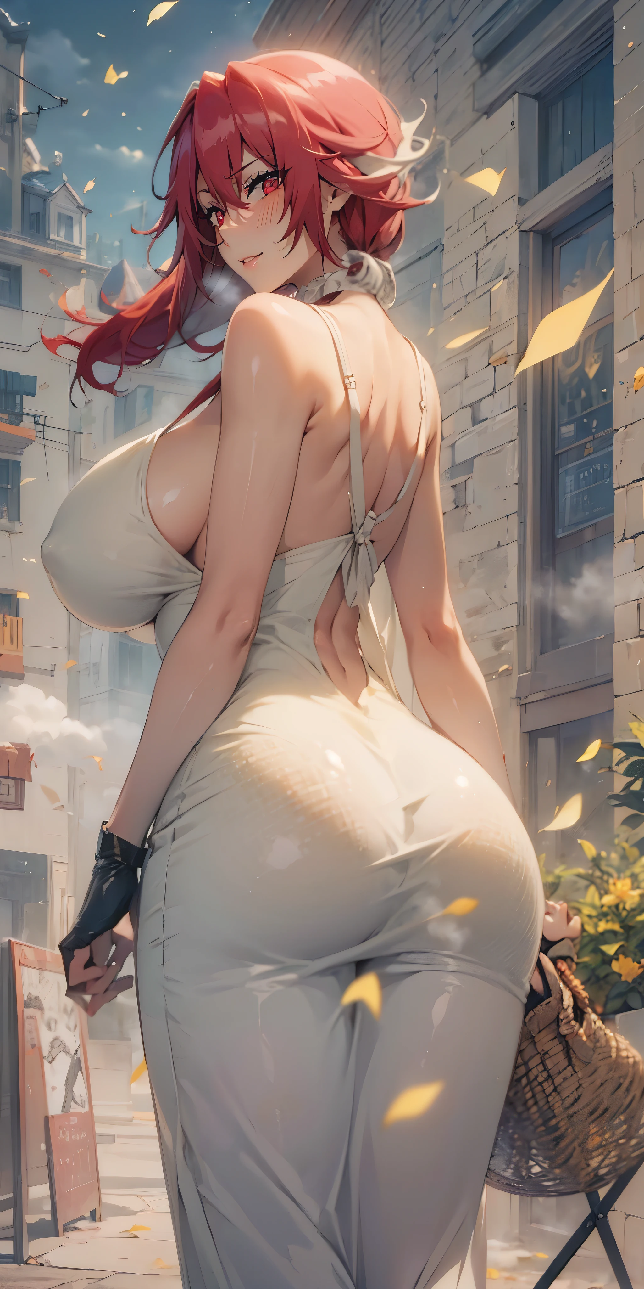 (long hair, red hair:1.3), braid, red eyes, anatomically correct, heavy breathing, mature female, 1girl, breasts, bulge to ass, ass, confetti, dress, bare_shoulders, large_breasts, petals, looking_at_viewer, sideboob, looking_back, grey_dress, sleeveless, wind, thighs, bokeh, large_breasts, water drop, reflective, (fog:1.3), fireflies, hollow eyes, bright pupils, red eyes, looking at viewer. glowing eyes heavy breathing, seductive smile, (steaming face:1.3), blush face, lips,