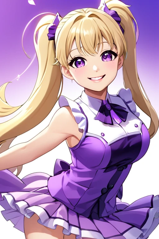 A beautiful girl, purple idol costume, blonde high ponytail, smiling 