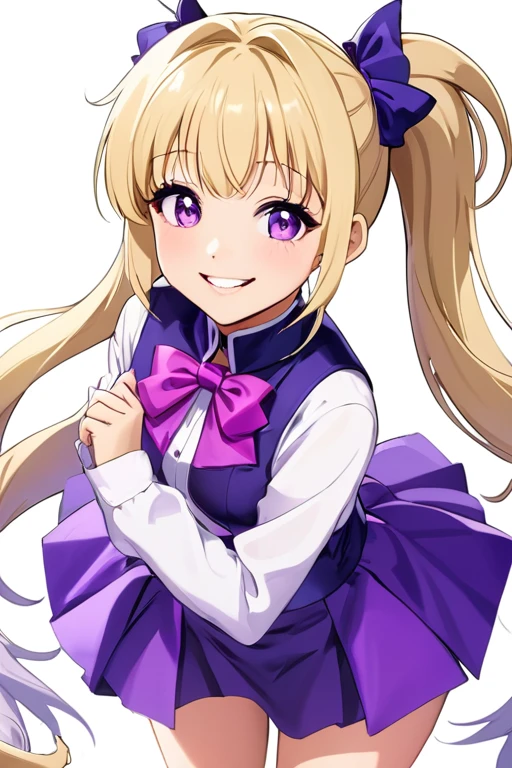 A beautiful girl, purple idol costume, blonde high ponytail, smiling 