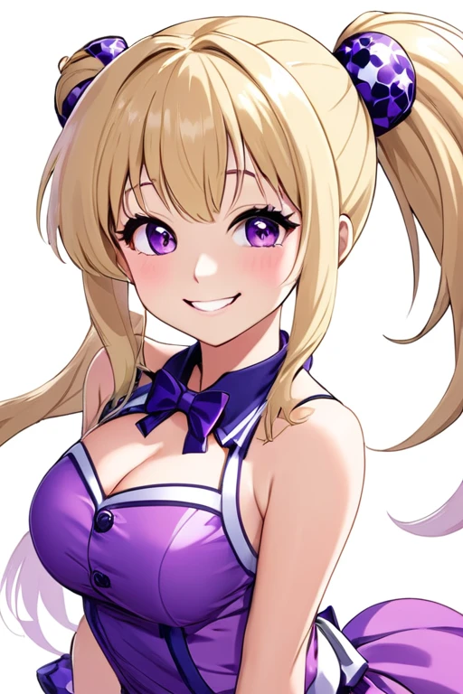 A beautiful girl, purple idol costume, blonde high ponytail, smiling 