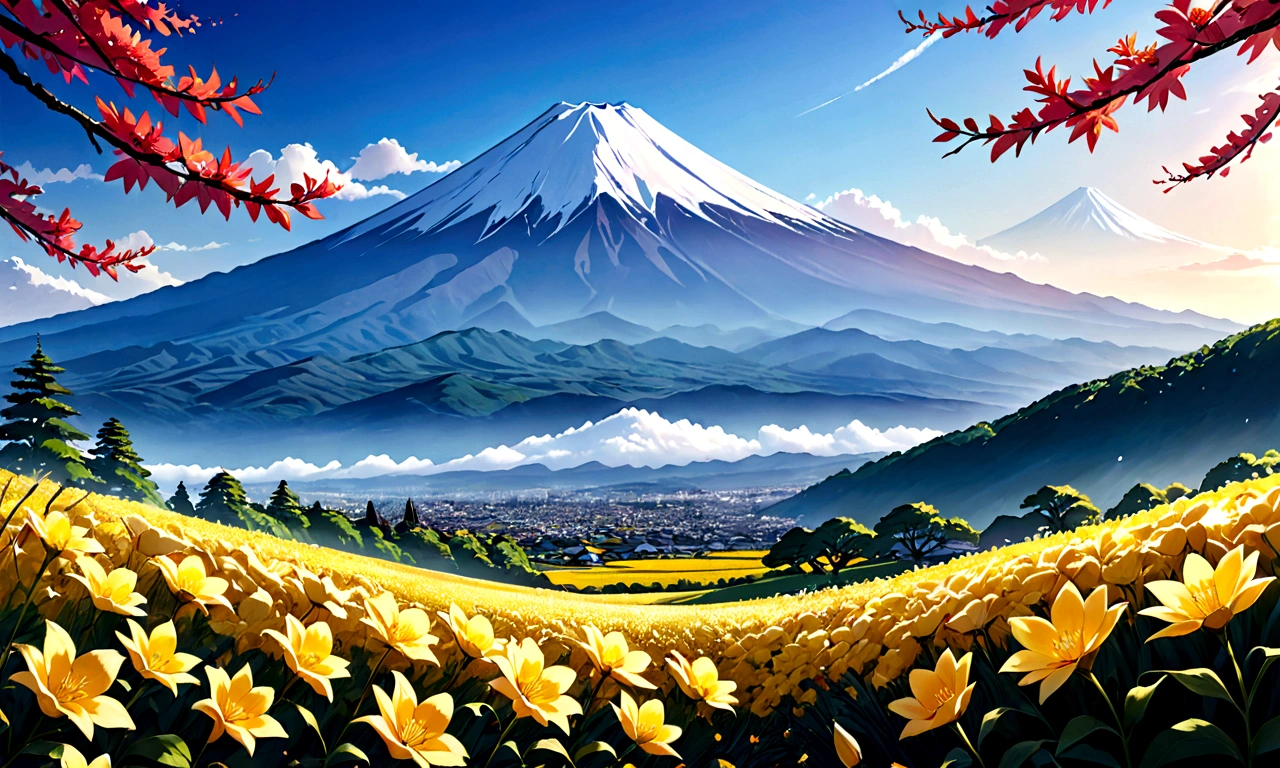 A large field of yellow flowers with a mountain in the background, Heroine Japan Vivid scenery, mount Fuji Mountain in the background, Japanese countryside, mount Fuji Mountain on the background, mount Fuji Mountain, Japanese Nature, mount Fuji Mountain background, mount. Fuji Mountain, mountain Fuji Mountain on the background, Fuji Mountain choko, Japanese countryside, Japan Countryside Travel, Very beautiful scenery, very Very beautiful scenery
