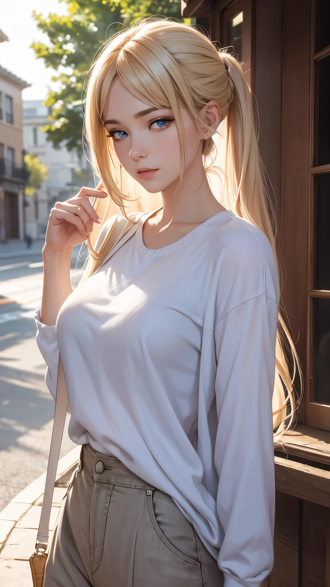 portrait, Practical, blue eyes, blond, Large Breasts, 4K resolution, High quality CG, Beautiful CG, Soft Light, fashion brand image, Fashionable and casual,