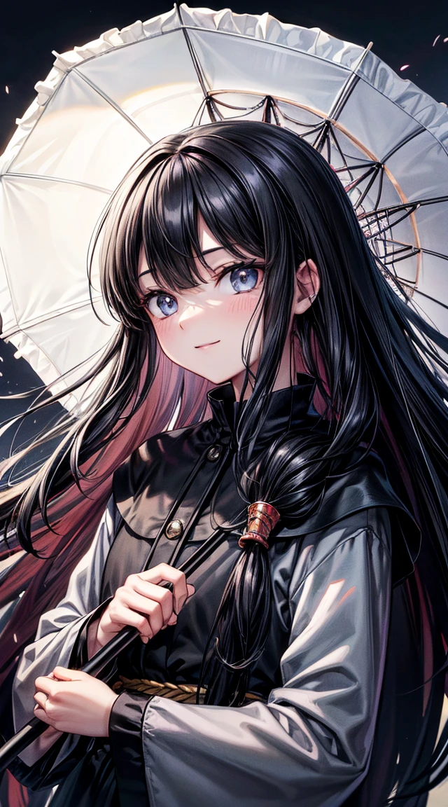 Black Hair, Long Hair, Floating Hair, Shiny Hair, jewelry, A light smile, Beautiful face and eyes in every detail, Conceptual Art, Cinema Lighting, jpeg artifacts, Colors like Ghibli, Cast a Shadow, Depth of written boundary, Hyperrealism, masterpiece, retina, Accurate, Highest quality, High resolution, 4K, Super detailed, White Umbrella