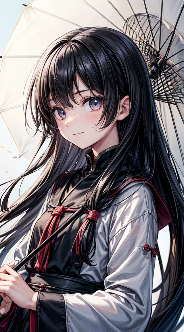 Black Hair, Long Hair, Floating Hair, Shiny Hair, jewelry, A light smile, Beautiful face and eyes in every detail, Conceptual Art, Cinema Lighting, jpeg artifacts, Colors like Ghibli, Cast a Shadow, Depth of written boundary, Hyperrealism, masterpiece, retina, Accurate, Highest quality, High resolution, 4K, Super detailed, White Umbrella