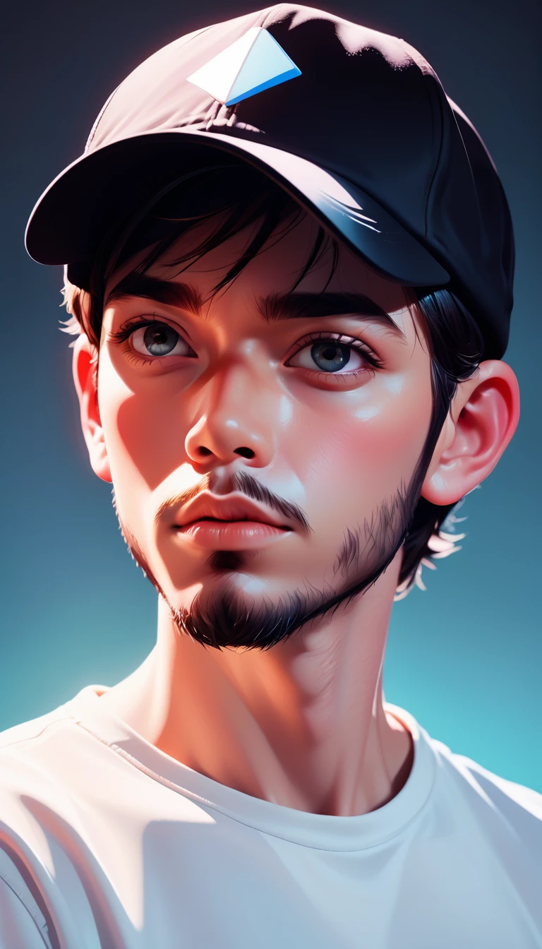Reflection of one man, Broken glass gradient color (masterpiece, Highest quality, Flat digital painting by Keith Negley Ilya Kuvshinov),Wearing a deep black cap,Looking at the camera from the front、White T-shirt