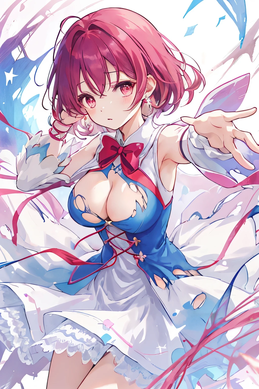 1 oneesama, magical girl in badly torn magical dress ,dancing:1.3, ,red magical uniform , 20 year old, Full breasts, {{Large breasts, nipples out}} , portlate ,Official art, close up view, torned  Panties, A large amount of semen on the chest:1.3 ),different hair, pieces of cloth is flying:2.0, grabbing magical cepter :1.8,
break; (completely torn  magical dress:1.6),badly torn skirt:1.4
break; Troubled and surprised expression:1.4, bouncing breast:1.2