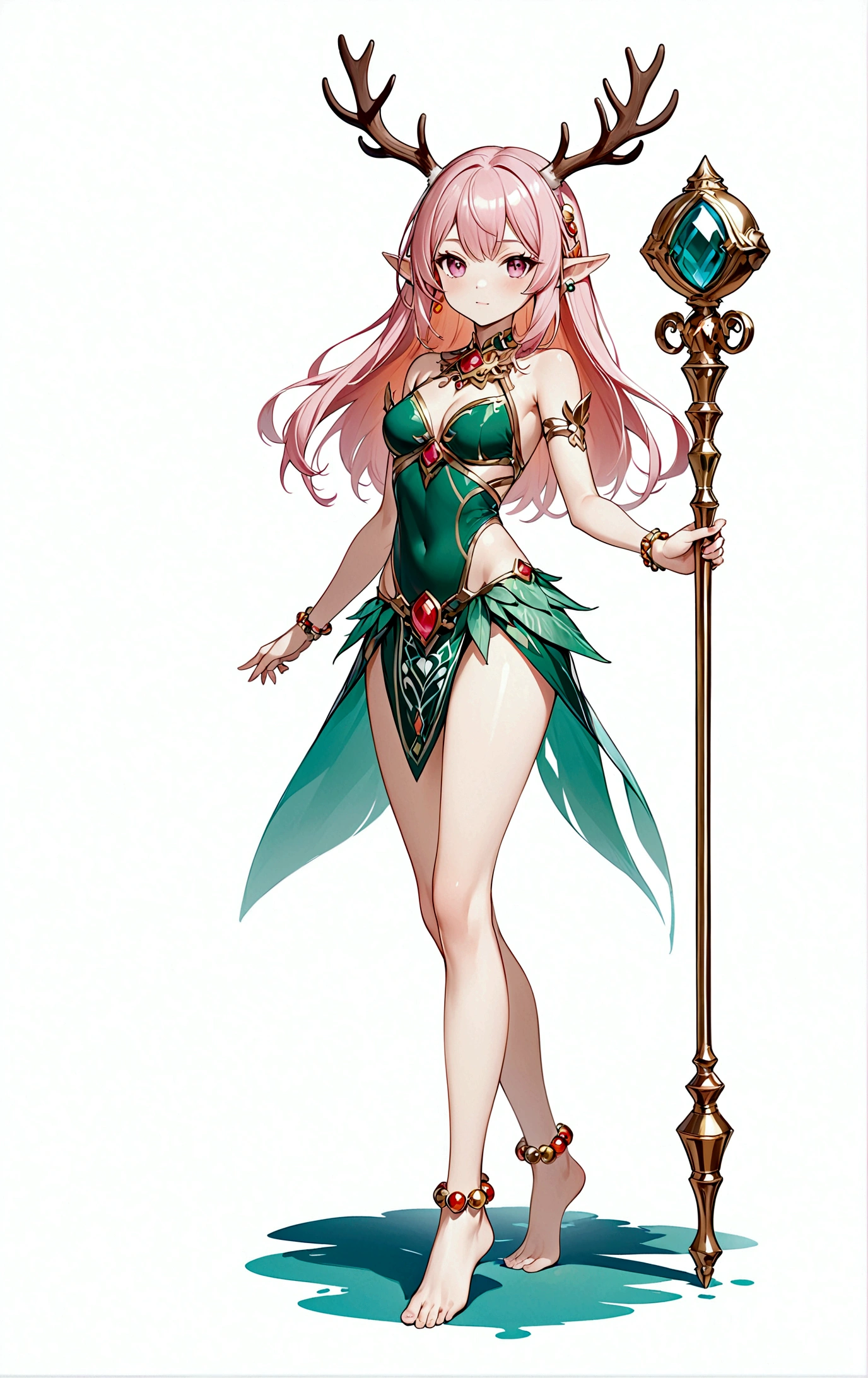 game character，Cartoon anime style，beautiful girl，Fluffy pink hair，Pink Eyes，antlers，Elf ears，Orange tulle short skirt，Metal gem-encrusted scepter，Slender legs，Standing barefoot，Bells on anklets。(((Correct human anatomy)))，White background

