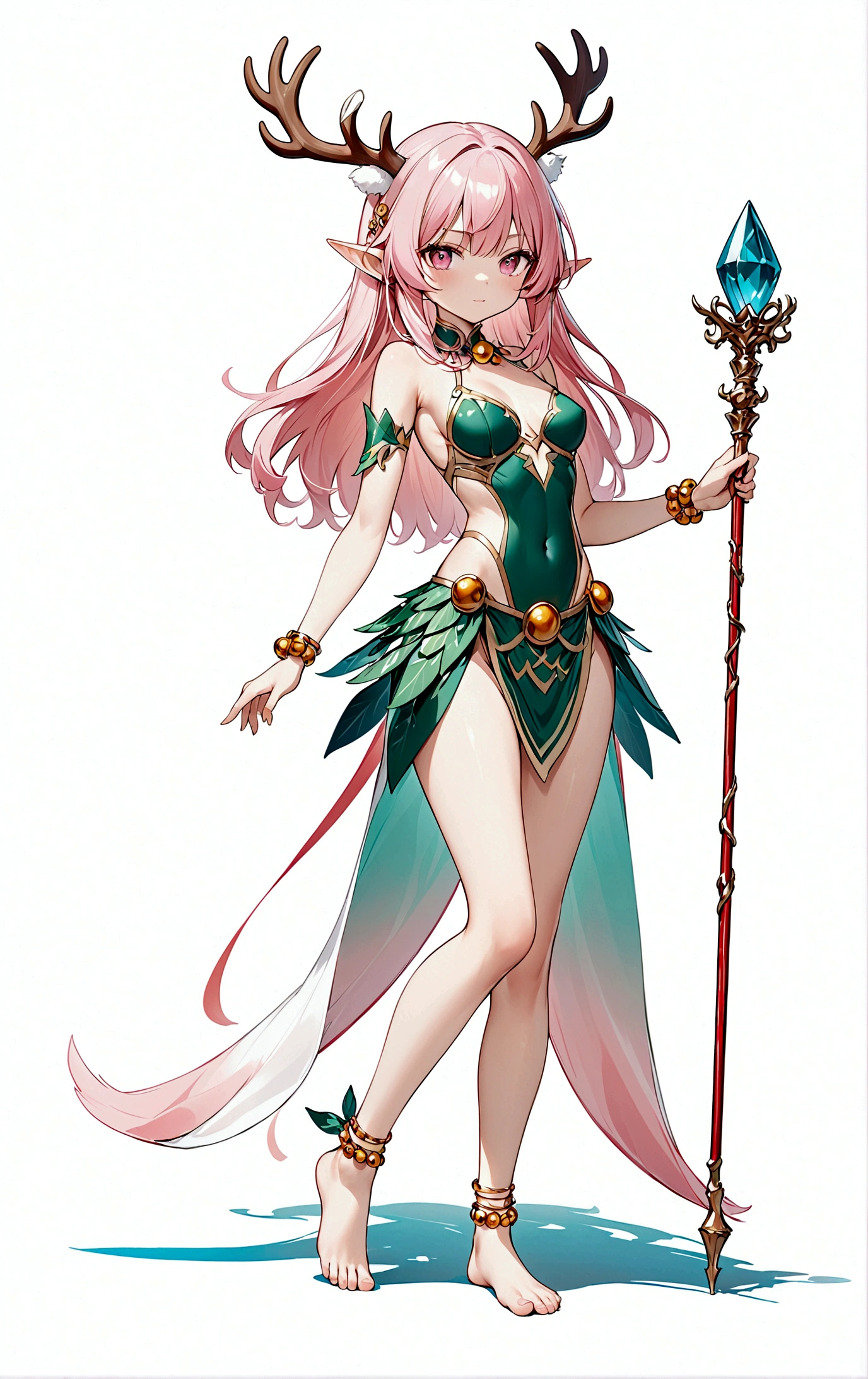 game character,Cartoon anime style,beautiful girl,Fluffy pink hair,Pink Eyes,antlers,Elf ears,Orange tulle short skirt,Metal gem-encrusted scepter,Slender legs,Standing barefoot,Bells on anklets。(((Correct human anatomy))),White background