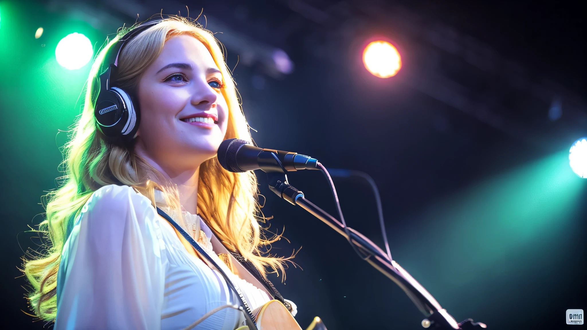 Beautiful blonde with big breasts in a dress (Singing gracefully under the spotlight on stage at a live venue),Wearing headphones,Very detailed, 21 years old, Innocent face, Naturally Wavy Hair, blue eyes, High resolution, masterpiece, Highest quality, Intricate details, Very detailed, Clear focus, Delicate skin, practical skin texture, texture, Delicate eyes, Professional, 4K, Cute Smile, Shot with Canon, 85mm, Shallow and deep, Kodak Vision Color, Exactly, Very detailed, photograph_\(Extremist\), photographpractical, practical, Post-processing, Maximum details, Roughness, Real Life, Extremist practical, Photorealism, photographgraphy, 8K Ultra HD, photographgraphy