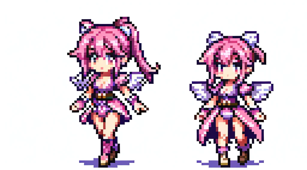 the very same person character chips , masterpiece , best quality , pixel , pixel art , xiangsu , xiang su , sequence frames , walking, oblique view , 1 girl , fantasy clothes , full body , white background , heroine , deformed , sexy , chibi , Highly Exposed , angel , pink clothes , pink hair , walking frame