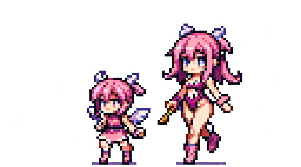 the very same person character chips , masterpiece , best quality , pixel , pixel art , xiangsu , xiang su , sequence frames , walking, oblique view , 1 girl , fantasy clothes , full body , white background , heroine , deformed , sexy , chibi , Highly Exposed , angel , pink clothes , pink hair , walking frame