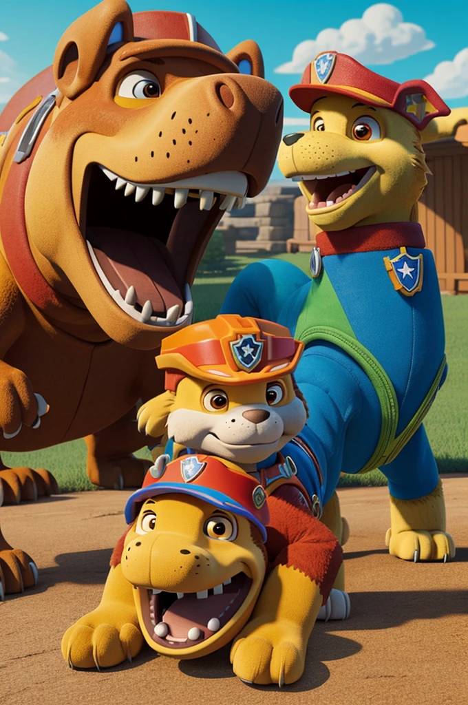Tyrannosaurus rex attacking a paw patrol