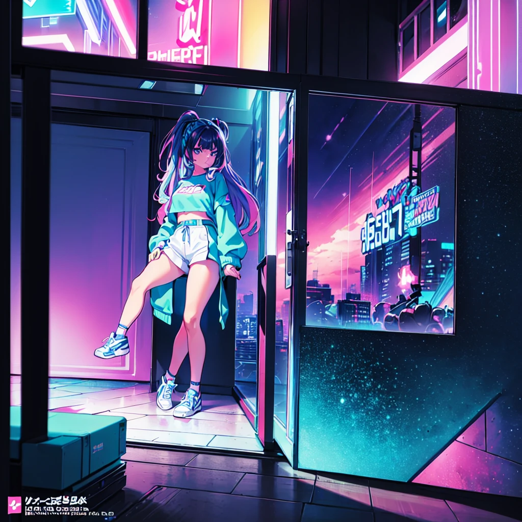 (masterpiece), Highest quality, Expressive eyes, Neon pastel aesthetics, Retro 90s, Neon color,((Girl sitting on sofa,In a cozy room,Records hanging on her wall, Comic books on the floor, Looking out the window behind her at the night city, Upholstered room, Anime figures lined up on a shelf)), Wearing headphones, (All around her it sparkles), (wearing thick colorful sneakers), (blue eyes), (Soft look), (Synthwave Art Style), Colorful Hair, Desk with PC set up