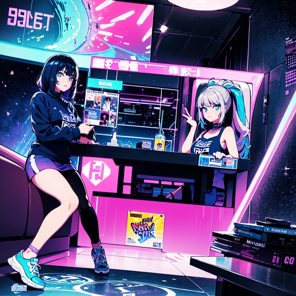 (masterpiece), Highest quality, Expressive eyes, Neon pastel aesthetics, Retro 90s, Neon color,((Girl sitting on sofa,In a cozy room,Records hanging on her wall, Comic books on the floor, Looking out the window behind her at the night city, Upholstered room, Anime figures lined up on a shelf)), Wearing headphones, (All around her it sparkles), (wearing thick colorful sneakers), (blue eyes), (Soft look), (Synthwave Art Style), Colorful Hair, Desk with PC set up