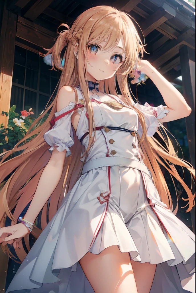 Yuuki Asuna、blush,smile、Brown Hair、Primary school students、The back is very small、ta、Small breasts、Please show me your armpits、exterior: 14 yulder Bare、The clavicle is visible、Sexy thighs、Beautiful legs、Usual hairstyle、Highest quality, High resolution, unity 8k wallpaper, (shape:0.8), (Beautiful and beautiful eyes:1.6), Highly detailed face, Perfect lighting, Highly detailed CG, (Perfect hands, Perfect Anatomy),