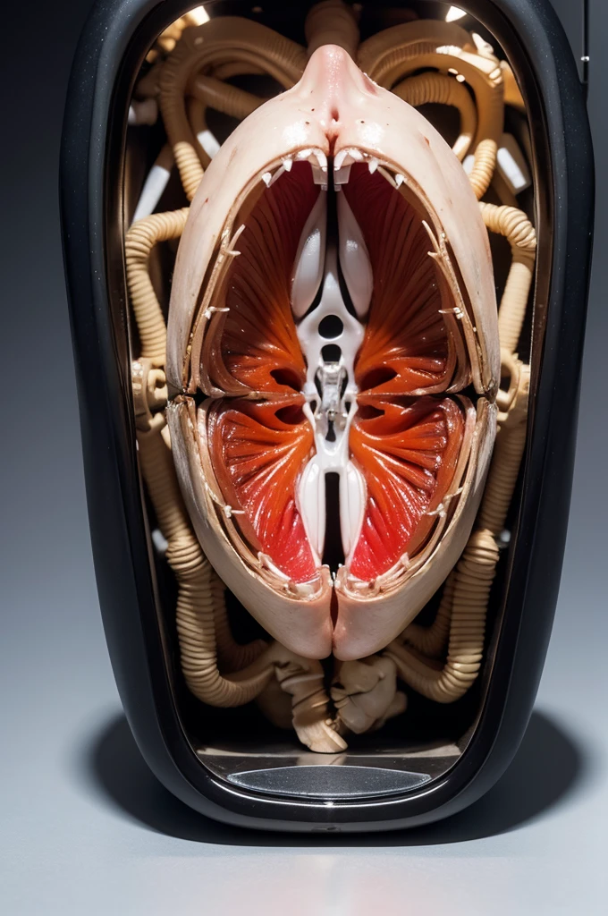 Real photography works，An anatomical cutaway of an open [main body], showing the inner structure in crosssection. The inside is filled with Internally filled with muscles and bones,  highlighting its power to combined technology and art,  in the style of Wona Lifsches.
