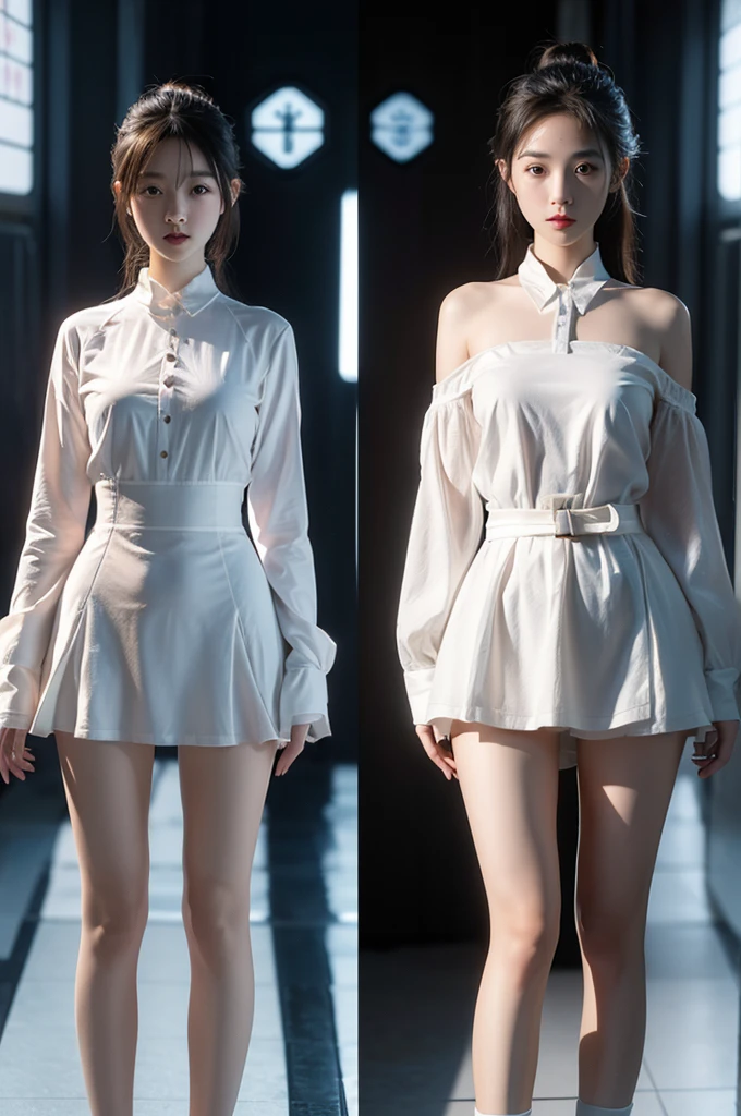/I in style of 3D digital illustration, ethereal Shanghai girl, side-by-side comparison, showcasing technology and reality,The illustration on the left depicts her real face the illustration on the right reveals robot face,front view, symmetric, volumetric lighting,minimalist, solid background, high contrast, ultrahigh definition. --ar 3:4 --niji 6