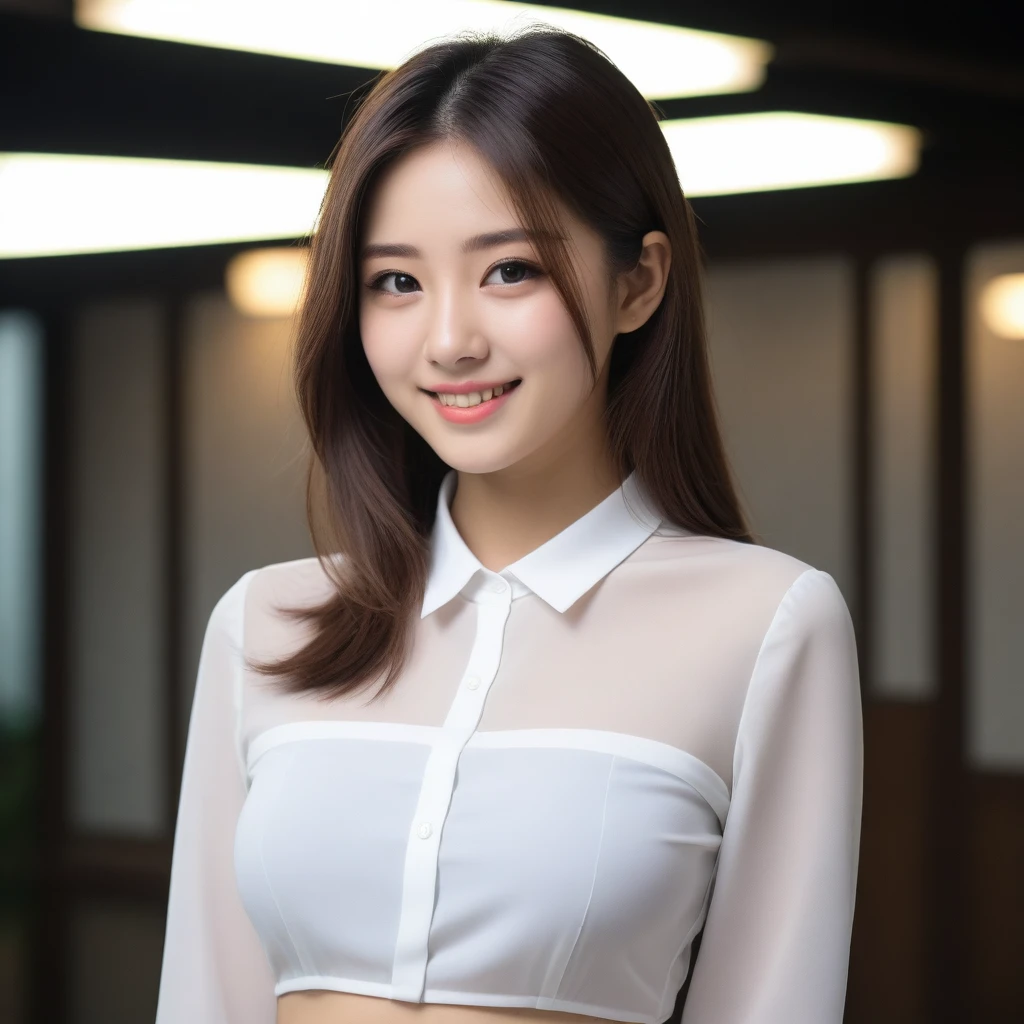 8K, Ultra-high resolution, Highest quality, masterpiece, 三分割法によるphotograph,Surreal, photograph, 1 girl, (16 years old:1.3), pretty girl, Cute face, Beautiful eyes in every detail, 細かくdetailedに,masterpiece,, One Girl:1.2, Japan Female Announcer,whole body,Young Wife, (night, (Neon Signs), (Blurred Background), ((See-through blouse)), (White blouse)), , Very slim, Black Pencil Skirt、Full of cleanliness,A carefree smile,Healing the heart,Semi-long layered hair,Looking at the audience、beauty,Long neck、Laugh a little、Please close your mouth and laugh、(((Ideal body type))),A-cup small breasts :2,、Portraiture:2、Perfect Anatomy、鮮明なdetailed、detailed、Surreal、Light and shadow,Strong light