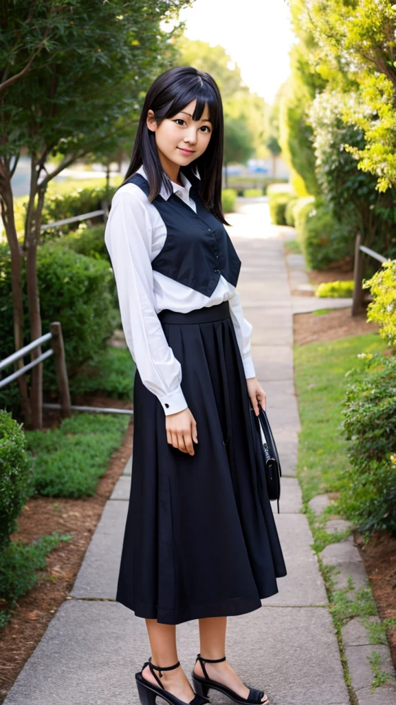 30s female, Japanese, light black medium hair, brown eyes, friendly impression, casual clothes, long skirt