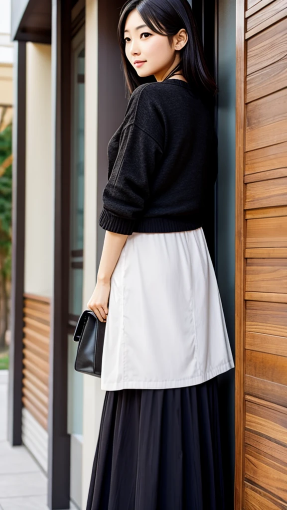 30s female, Japanese, light black medium hair, brown eyes, friendly impression, casual clothes, long skirt