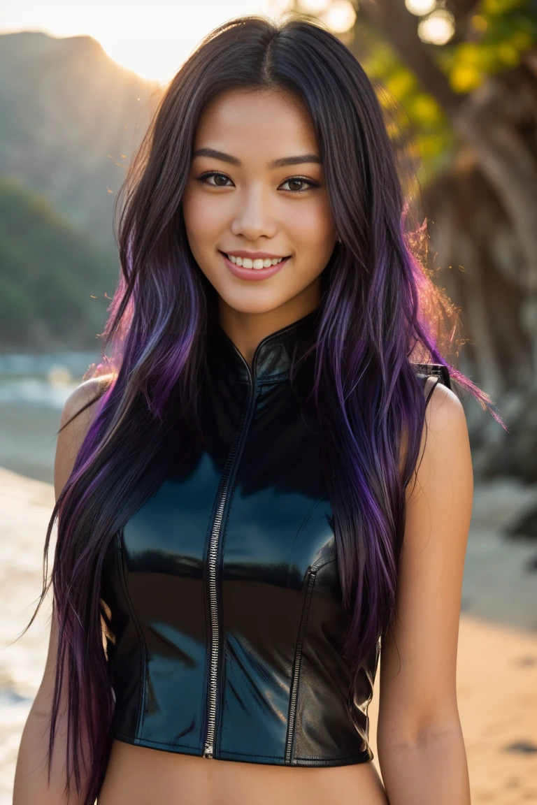 arafed woman with long black hair with purple highlights, flowing long black hair with, with black hair, photo of a beautiful woman, long flowing black hair, black golden hour, curly black hair, beautiful young asian woman, beautiful asian woman, wild ginger hair, pink wispy hair, light black hair, a young asian woman, an asian woman, infp young woman, Portrait photo of a 24-year-old french girl in RAW UHD format (Brown-eyed woman) , surfing), Details (textures! , Hair! , glistering, Color!! , imperfections: 1.1), highly detailed glossy eyes (looking at the camera), DSLR Lighting, SLR camera, Ultra-Quality, sharpness, Depth of field, Film grain , Fujifilm XT3, Crystal clear, Frame Center, beautiful face, sharp-focus, bokeh (sunlight), (open sky), detailed skin pores, oilly skin, suntan, Complex eye details, (((smiling))), (( leather clothing)), (((navel))), jewelry,(((full body image))), Navel