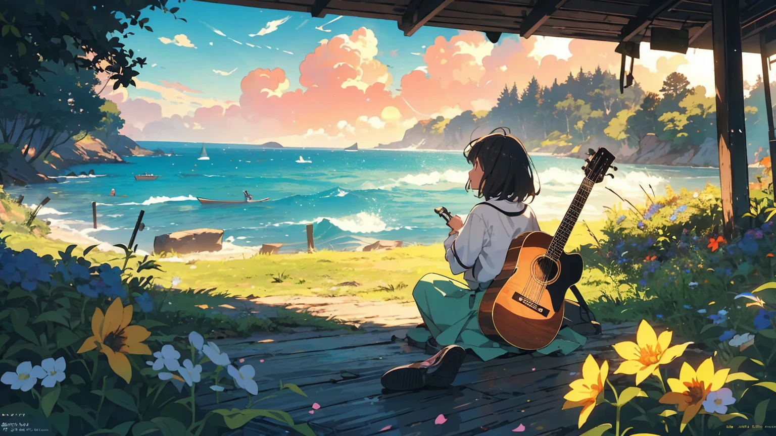 Blues, One girl, musical instrument, flower, alone, Outdoor, Brown Hair, Sitting, guitar, cloud, null, shoes,, short hair, Day, wood, music, shirt, blue null, playing musical instrument, orange flower, scenery, Wind, holding musical instrument, amplifier, Depth of written boundary, yellow flower, jack Jhonson, Wide Shot, Green Skirt, profile, leaf, fence, cloudy null, Ocean, Studio Ghibli Style HMC, 夕暮れ時に棚に座ってguitarを弾く少年, Wallpaper 8k, guitarを弾く, LOFI Girl,(Warm, vibrant colors), (soft, Golden Light), (Sparkling reflections on the water), Anime Style,Ocean,Oceanのビーチ, Illustrator