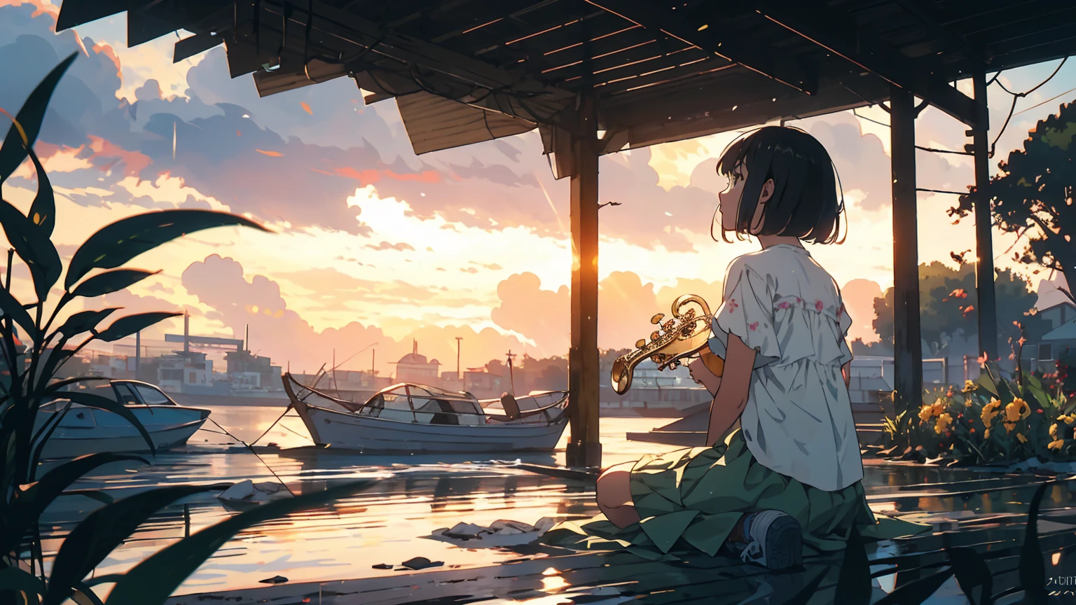 Blues, One girl, musical instrument, flower, alone, Outdoor, Brown Hair, Sitting, guitar, cloud, null, shoes,, short hair, Day, wood, music, shirt, blue null, playing musical instrument, orange flower, scenery, Wind, holding musical instrument, amplifier, Depth of written boundary, yellow flower, jack Jhonson, Wide Shot, Green Skirt, profile, leaf, fence, cloudy null, Ocean, Studio Ghibli Style HMC, 夕暮れ時に棚に座ってguitarを弾く少年, Wallpaper 8k, guitarを弾く, LOFI Girl,(Warm, vibrant colors), (soft, Golden Light), (Sparkling reflections on the water), Anime Style,Ocean,Oceanのビーチ, Illustrator